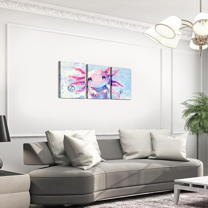 Feelyou Boys Girls Cute Axolotl Canvas Wall Art for Living Room Bedroom Ocean Sealife Wall Painting Posters and Prints Kids Kawaii Animal Picture Wall Decor Cartoon Bathroom Wall Art 12"x16"x 3Pcs