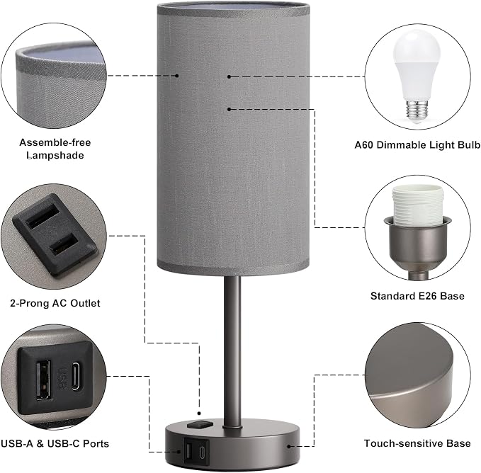 Fenmzee 17.4" Grey Lamp for Bedroom - Dimmable Touch, USB A+C, AC Outlet