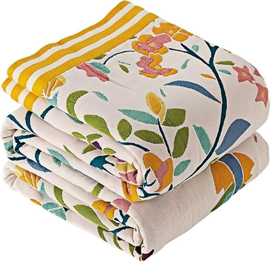 Boho Throw Blanket for Bed 100% Cotton Bohemian Blankets Ultra Soft Woven Muslin Decorative Blankets All Seasons Vintage Quilt Knitted Blanket for Sofa Chair(Yellow, 50"x60")