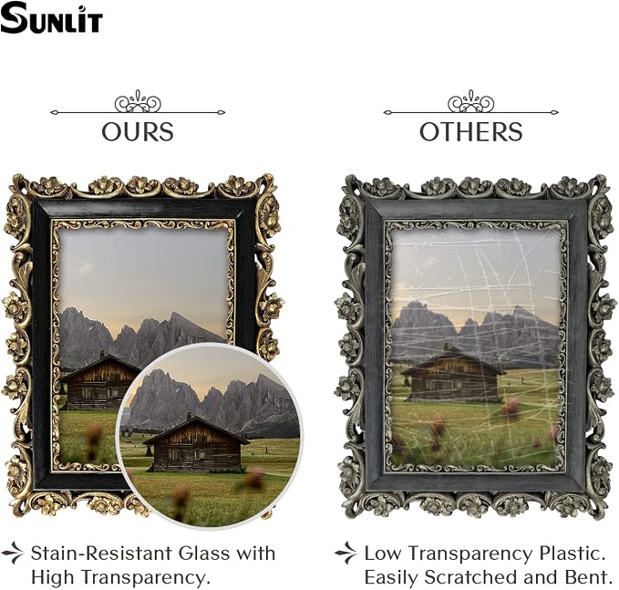 Sunlit Vintage Picture Frame 5x7 Inch, Luxury Antique Photo Frames with Glass Front, Photo Display, Tabletop Wall Hanging, Gift Ideas, Gold and Black