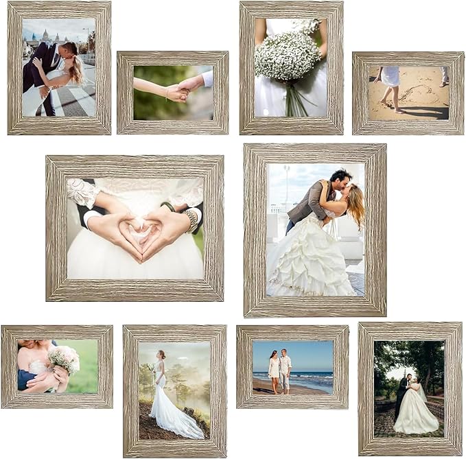 xnlkros Picture Frame Set 10 pack, Farmhouse Photo Frames, Gallery Wall Frame Collage, 8x10 5x7 4x6 Frames in 3 Different Finishes Picture Frames For Wall or Desk,Gray