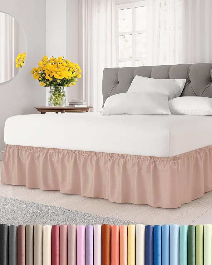 Wrap Around Dust Ruffle Bed Skirt - Mauve - for Queen Size Beds w/ 18 Inch Drop - Easy Fit Elastic Strap - Adjustable Pleated Bedskirt Brushed Fabric - Wrinkle & Fade Free - Women, Men, Kids & Teens