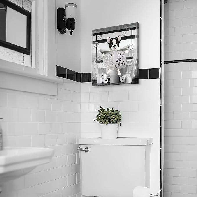 Funny Bulldog Wall Art Black and White Dog Bathroom Print Farmhouse Bathroom Animals Wall Decor Dog Sitting in Toilet Reading Newspaper Painting Framed Artwork for Toilet Bathroom 12x16 inch
