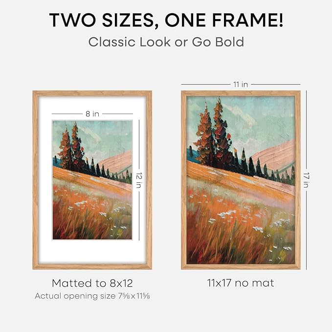 Homeforia 11x17 Natural Oak Picture Frame, High-End Wood, 8x12 Mat, Glass