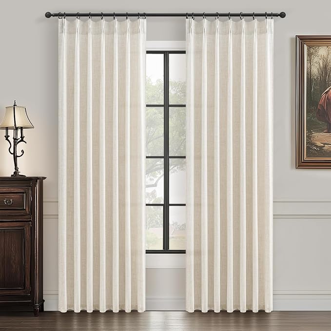 Pinch Pleat Cream Beige 72 Inch Curtains for Bedroom, Rustic Linen Blend Viral Sheer Window Drapes Light Filtering Privacy Cottagecore Office/Sunroom Curtain Back Tab (Ivory 40"W x 72"L Panels 2 Set)