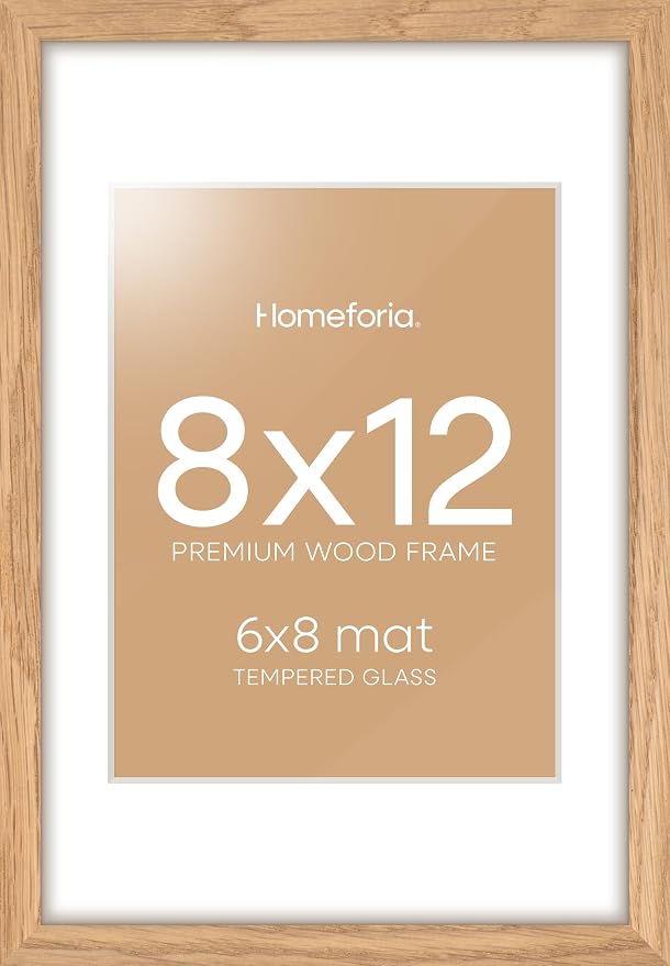 Homeforia 12x8 Picture Frame Wood, High End Natural Oak 12 x 8 Light Wooden Frames with Mat 6 by 8 inch Photo, 12by8 Frame Matted to 6x8 Art, Wall or Tabletop Frame, Tempered Glass, Wall Kit, Set of 1