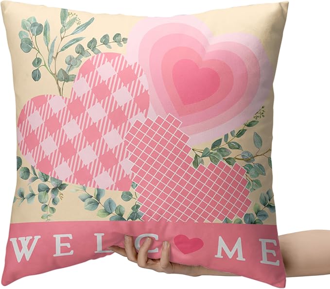 Valentine Day Pillow Covers 24x24 Set of 2 Valentines Day Pink Heart Throw Pillow Covers Pink Hearts with Eucalyptus Decoarative Pillow Case Cushion Case for Couch Sofa