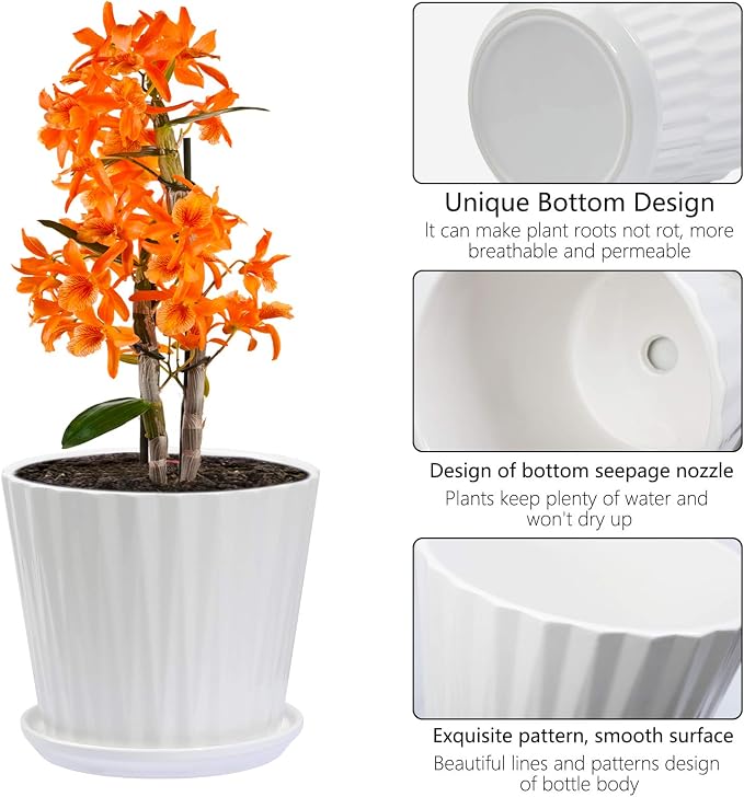 sietpoek 6.7” Ceramic Plant Pots with Drainage and Saucer 2PCs White | White Ceramic Flower Pots with Drainage Hole and Saucer, Decorative Planter for Indoor Outdoor Garden Plants Succulen