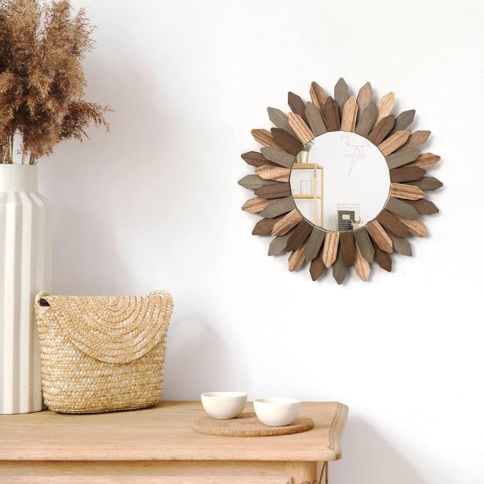 Boho Wall Decor 12 inch Decorative Mirror with Rustic Wood Sunburst Frame, Perfect for Bedroom, Living Room, Bathroom, Kitchen