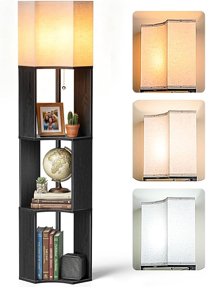 Floor Lamp with Shelves, Modern 3-Tier Wood Corner Storage Bookshelf Lamp for Living Room, 3 Color Temperatures LED Bulb Included, Tall Wooden Display Light, Black