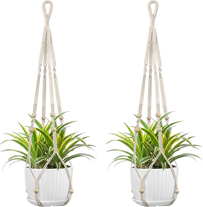 Macrame Plant Hanger - Fits 4-13 Inch Pots, Set of 2, Ivory