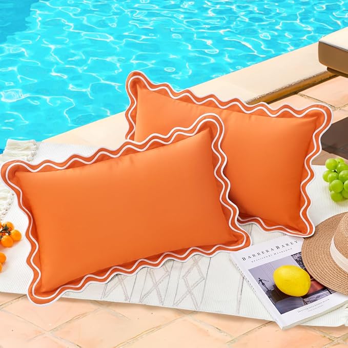 Fall Burnt Orange Scalloped Outdoor Lumbar Pillow Covers 12x20 Set of 2