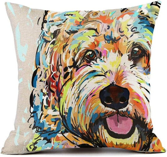 Cute Pet Goldendoodle Frise Dog Pattern Throw Pillow Covers Linen Cushion Cover Cases Pillowcases Sofa Home Decor 18”x 18”Inch (45 x 45cm)