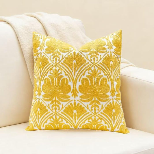 Slow Cow Yellow Canvas Embroidery Decorative Throw Pillow Cover Cushion Cover for Couch Sofa 18 x 18 Inches