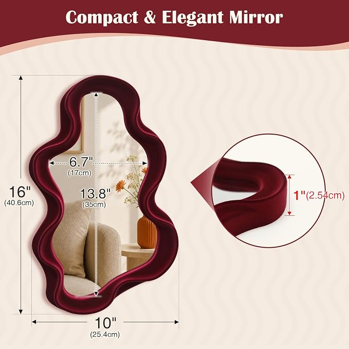 Small Wall Mirror Decor for Hallway Home Office Fireplace,Wine Red | 16x10",Soft Flocking Touch,Cute Wavy Decorative Hanging Mirror for Nursery Room Apartment Living Room Modern Home Decoration