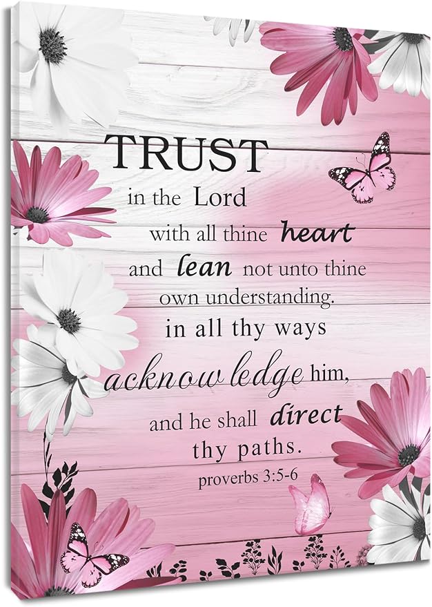LB Pink Floral Bible Verse Wall Art for Bathroom Daisy and Butterfly Canvas Wall Art Wall Paintings Home Decor Rustic Vintage Wall Pictures for Living Room Bedroom Office Ready To Hang,12x12 Inch