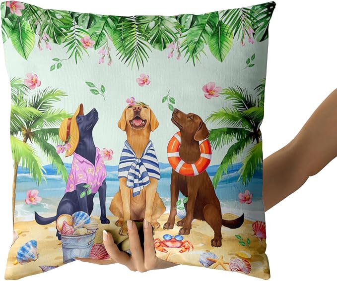 Giwawa Summer Dogs Pillow Covers Set of 2 20"x20" Funny Coastal Beach Puppy Square Pillowcases Tropical Palm Leaf Floral Soft Cotton Throw Cushion Covers for Sofa Couch Patio Living Room Decor