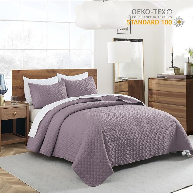 HORIMOTE HOME Quilt King Size Grayish Purple, Lightweight Quilt for Summer, Ultra-Soft Microfiber Modern Style Quilted Clouds Pattern Bedspread Quit Set 3 Pieces(1 Quilt and 2 Pillow Shams)