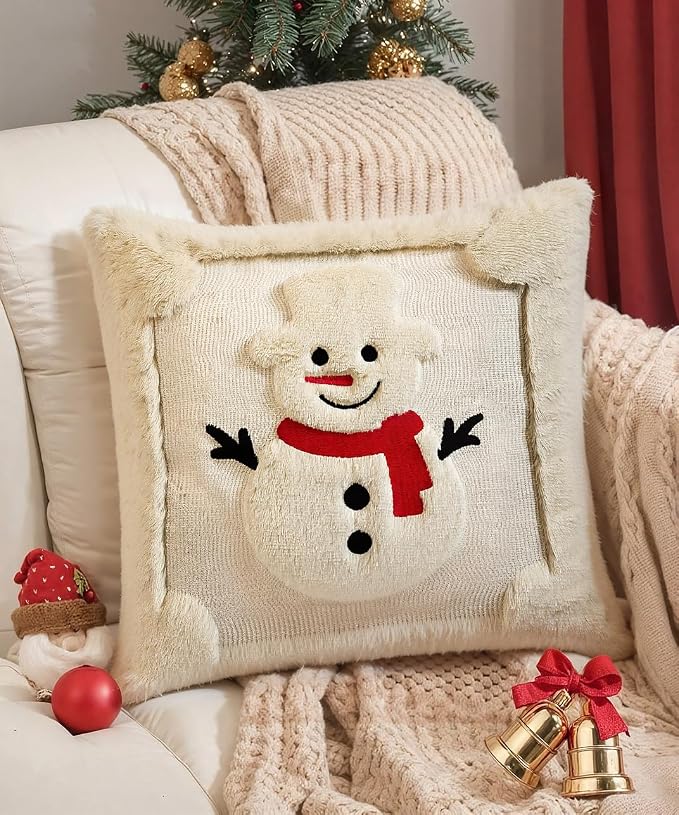 Christmas Pillow Covers Set of 2 Soft Plush Faux Fur Pillow Cases 3D Embroidered Decorative Couch Cover Home Decor Christmas Throw Pillow Covers 18x18,Beige Snowman
