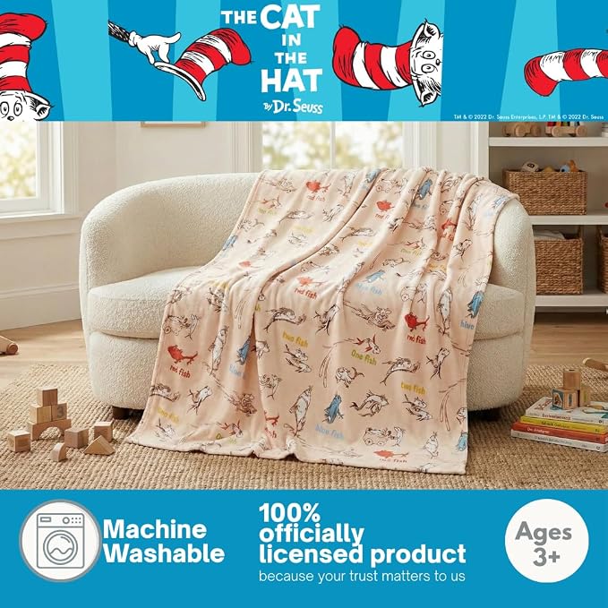 One Fish Two Fish Red Fish Blue Fish by Dr. Seuss Book Throw, Kids Super Soft Plush Cozy Throw Blanket, 60 in x 70 in, (Officially Licensed Product) by Franco