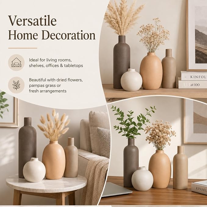 Ceramic Vase Set of 4 – Handmade Modern Minimalist Vases for Dried or Fresh Flowers, Matte Decorative Neutral Vases for Living Room, Table, Shelf & Entryway
