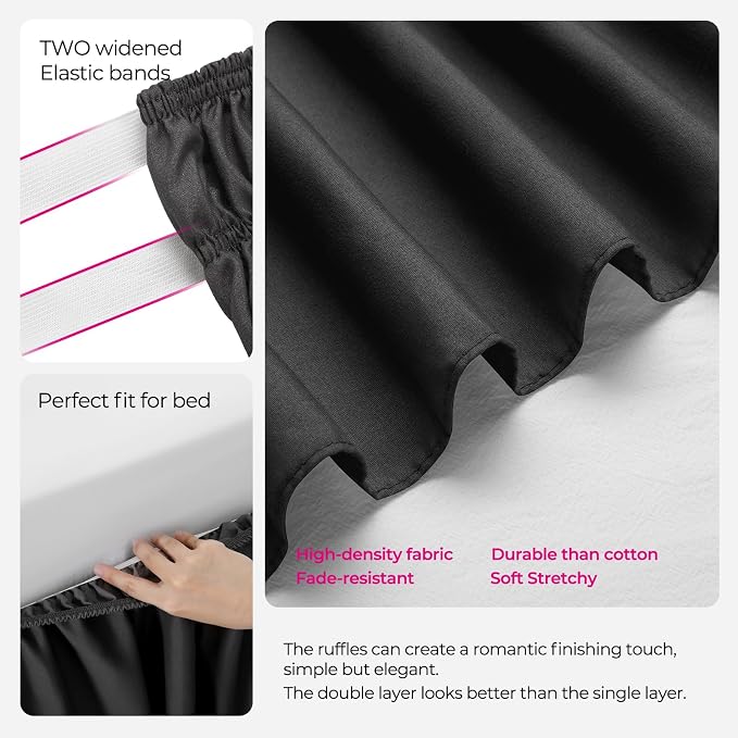 RIMELA Ruffle Bed Skirt Black Queen 15 Inch Drop, Elastic Wrap Around Bed Skirting Queen Size, Easy to Install Dust Ruffle, Machine Washable Soft Fabric, Multi Ruffle Bedskirt