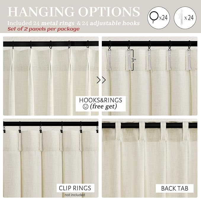 Pinch Pleated Linen Cream Semi Sheer Curtains 96 Inches Long for Bedroom | Memory Shape Light Filtering Farmhouse Curtain Dining Room with Hooks Back Tab Viral Window Drapes 8FT Length 2 Panels Set