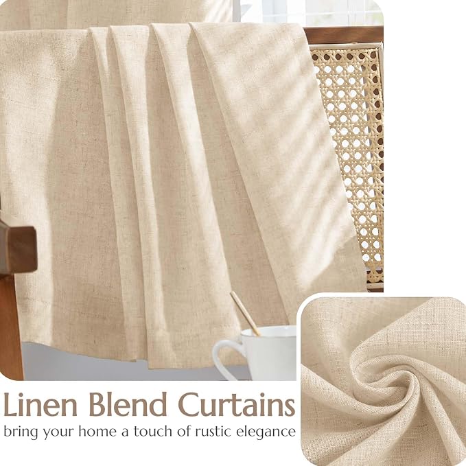 jinchan Lined Linen Curtains Privacy Back Tab 50x84 Inch 2 Panels Set Beige | Light Filtering Curtains with White Privacy Liner, Cottage Core Farmhouse Curtains for Living Room, Rod Pocket 84 Inch Length