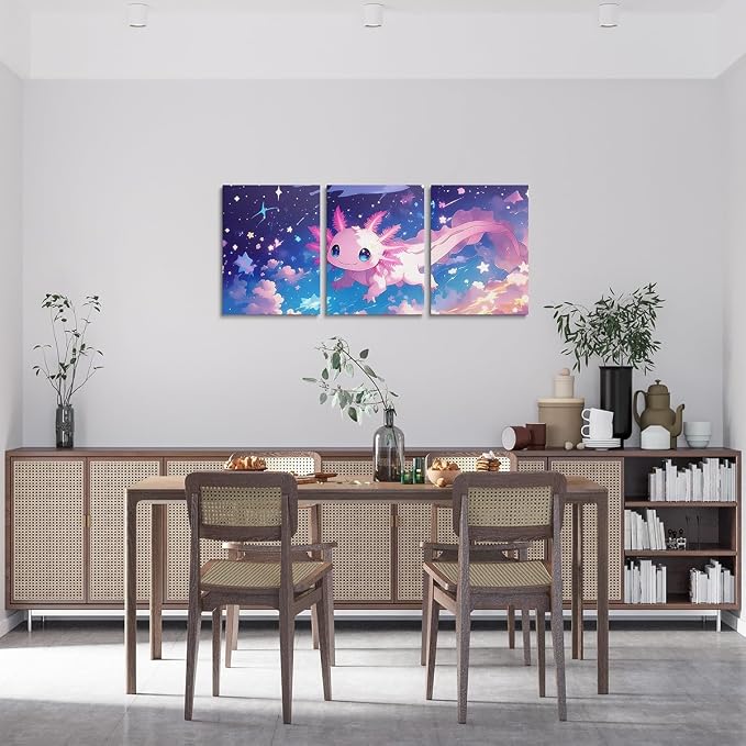 Feelyou Kids Cute Axolotl Wall Painting Posters and Prints Galaxy Canvas Wall Art for Living Room Bedroom Cartoon Salamander Picture Wall Decor Boys Girls Sealife Bathroom Wall Art 12"x16"x 3Pcs