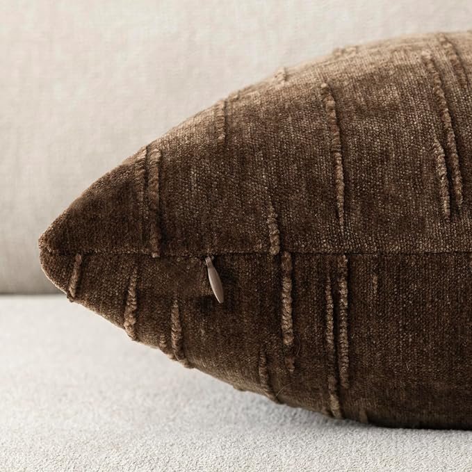 Foindtower Pack of 2 Slubby Textured Chenille Throw Decorative Pillow Covers Square Accent Solid Cushion Cover Cozy Soft Farmhouse Pillow Case for Couch Sofa Bedroom Living Room 22x22 Inch,Dark Brown