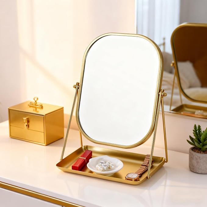 Tstarer 360 Degrees Rotating Metal Makeup Mirror with Storage (Gold) | Vanity Mirror for Desk, Bathroom, Bedroom, Dressing Table