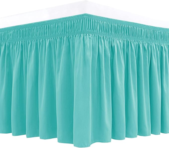 Wrap Around Bed Skirt King Size 17 Inch Drop-Elastic Dust Ruffle Aqua | Adjustable Pleated Bedskirt-Easy Fit Wrinkle Resistant Washable Hotel Quality Fabric Bed Skirting-Master Guest Bedroom Rental