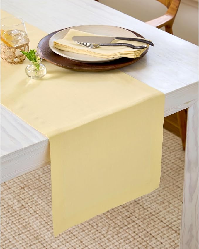 Solino Home 100% Linen Dining Table Runner Golden Straw, Fete 14 x 72 in | brings a tailored look to family meals and hosting, European flax fibres, effortlessly elegant, soft, OEKO-TEX Certified