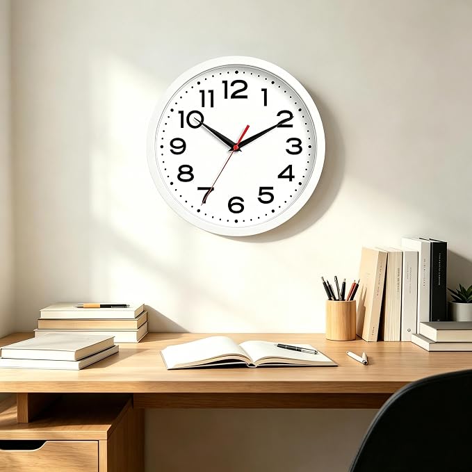 Roymnie 10 Inch Wall Clock, Battery Operated Silent Non Ticking White | analog wall clock; bold numerals for easy reading; silent non-ticking; 1 AA battery (not included); for classroom