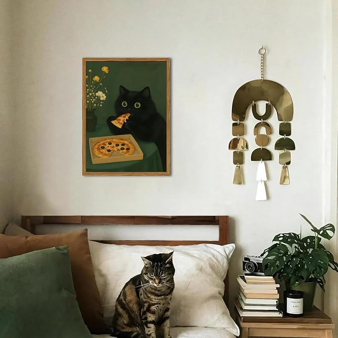 Funny Black Cat Wall Art Whimsical Black Cat Eating Pizza Wall Decor Cute Animal Dark Green Kitchen Poster Canvas Prints for Bedroom Living Dining Room 16x24 inch Wood Framed