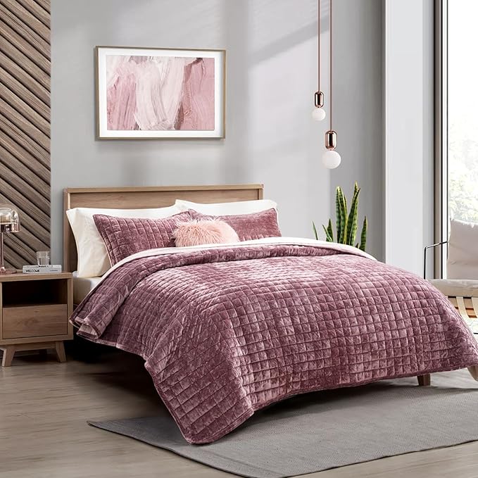 RECYCO Channel Box Stitch Velvet Quilt Set, Twin Size, Dusty Mauve Pink | Ultra Soft Lightweight Velvet Comforter, Luxury Oversized Bedspread Coverlet, Quilted Bedding Set for All Season with 1 Sham