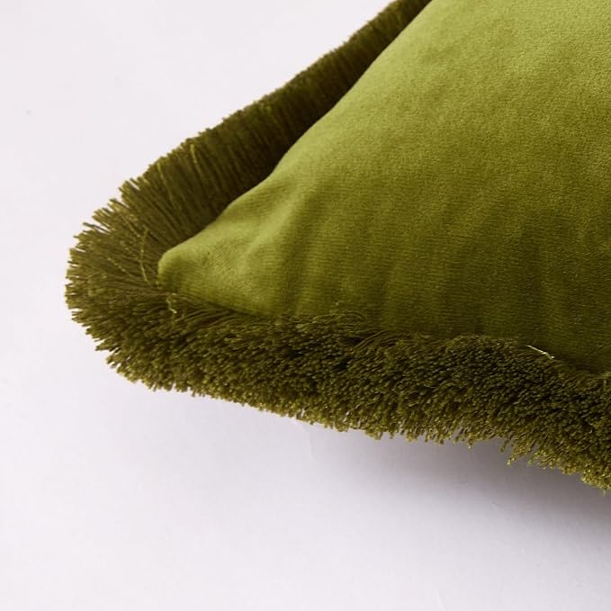 JUSPURBET Olive Green Decorative Lumbar Velvet Fringe Throw Pillow Covers 12x20 Set of 2 Boho Soft Cushion Case for Home Decor Living Room Couch Sofa Bed