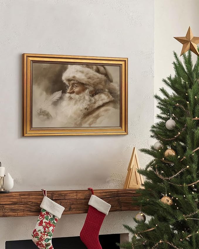WHASAYART Gold Framed Vintage Wall Art Christmas Decorations Santa Claus Canvas Prints, Vintage Home Decor, Farmhouse Painting Picture, Bathroom Wall Decor Christmas Gifts for Family 16L x 12W