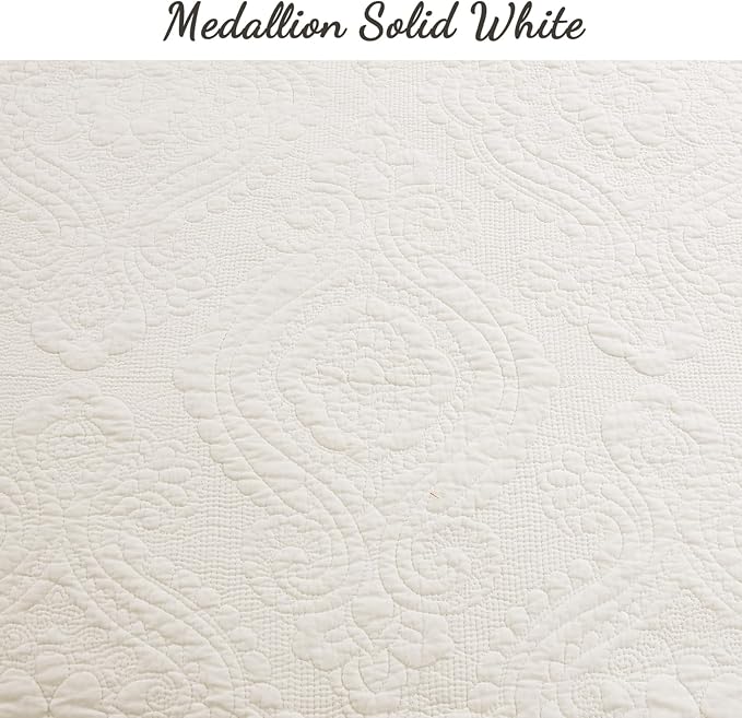 Cozy Line Home Fashions Ivory Cotton Quilt Set – 3-Piece Quilted Damask Medallion Bedspread with Shams, Textured All Season Elegant Bedding, King