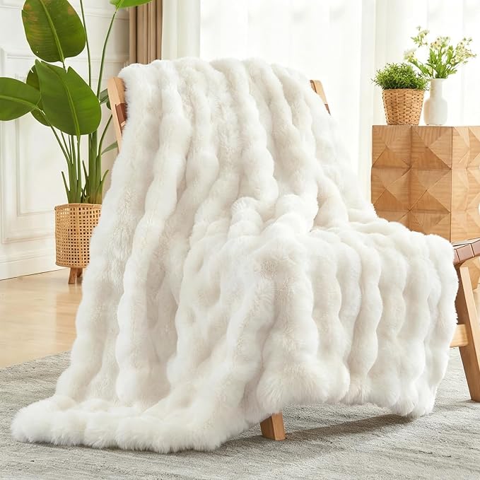 NEWCOSPLAY Faux Fur Fluffy Bubble Twin Blanket for Couch, Ivory, 60"x80" | Soft Thick Warm Bubble Blanket for Couch Sofa Bed 550GSM, Plush Cozy Luxury Decorative Throw, Gift for Women Men