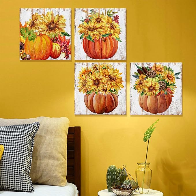 Fall Wall Art Rustic Pumpkin Pictures for Kitchen Farmhouse Sunflower Wall Decor Living Room Autumn Harvest Painting Canvas Prints Artwork Halloween Dining Room Thanksgiving Home Decorations 12x12" 4P