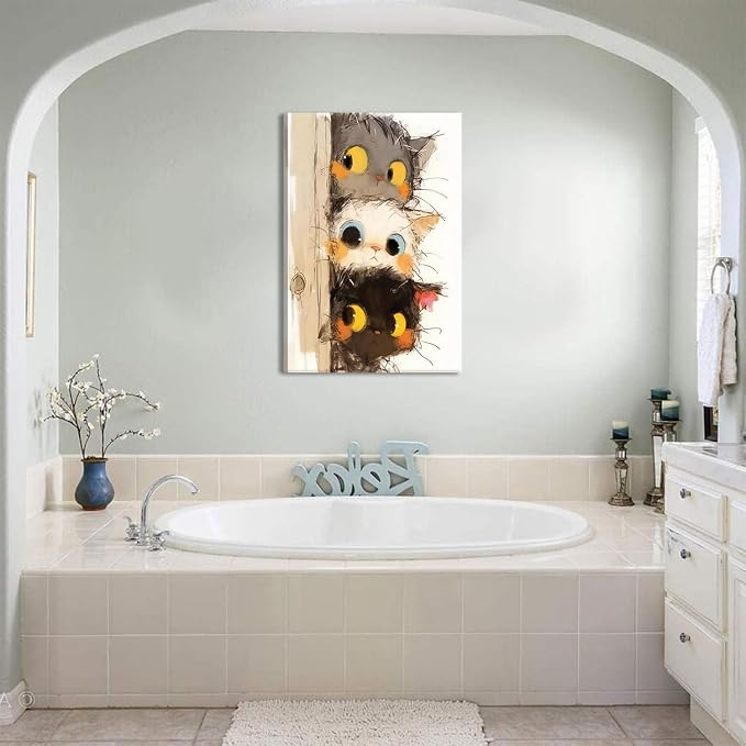Cute Little Kitten Canvas Wall Art Funny Cartoon Cat Wall Decor Picture | Three Peeping Kittens Poster Print for Kids Room Bathroom Dining Room Nursery Cat Lovers Painting Artwork Home Decoration