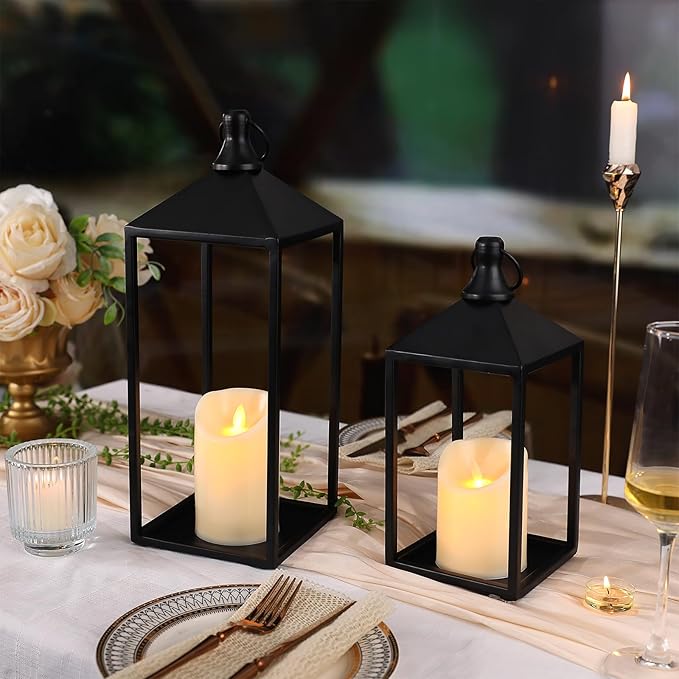 2 Pcs Black Decorative Metal Lanterns Farmhouse Lantern Decor with Candles | 15" 11" Outdoor Candle Lanterns for Covered Patio, Porch, Fireplace Mantel, Table Centerpiece, No Glass Lantern Decor