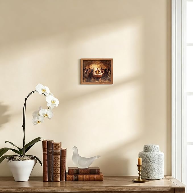 AUUAUU The Last Supper Wall Art, Wood Framed Jesus Religious Canvas Painting, Vintage Christian Wall Decor for Living Room Bedroom, 8x10 Inches Ready to Hang