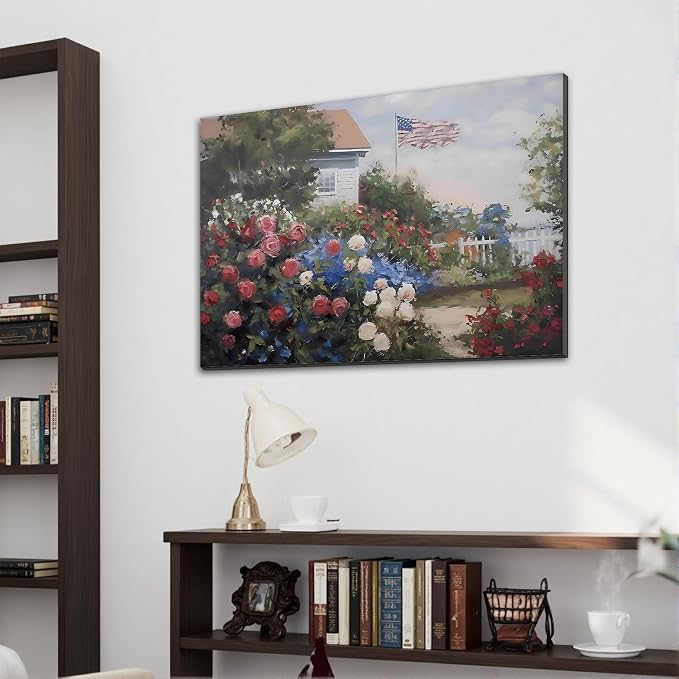 Framed American Flag Cottage Rose Garden Wall Art, Patriotic Floral Canvas Art Pictures, USA Flag Wall Decor for Living Room Bedroom Bathroom, Ready to Hang Made in USA