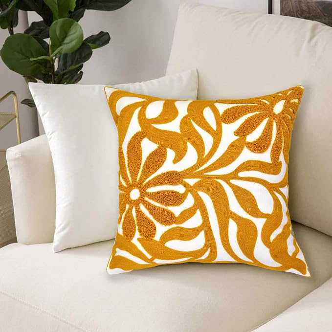 Alysheer Floral Embroidered Throw Pillow Cover 18"x18" 1pc, Mustard Yellow