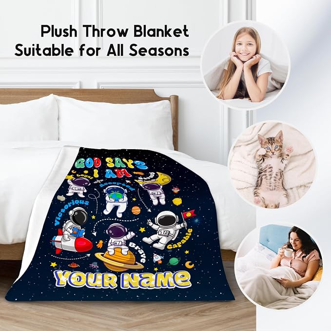 Personalized Planet Blanket, Kids Throw Blanket for Boys, Planet Gifts for Toddler Child, God Says I Am Blanket for Kids, Inspirational Gifts for Son, Soft Throw Blankets for Living Room, 60"x80"
