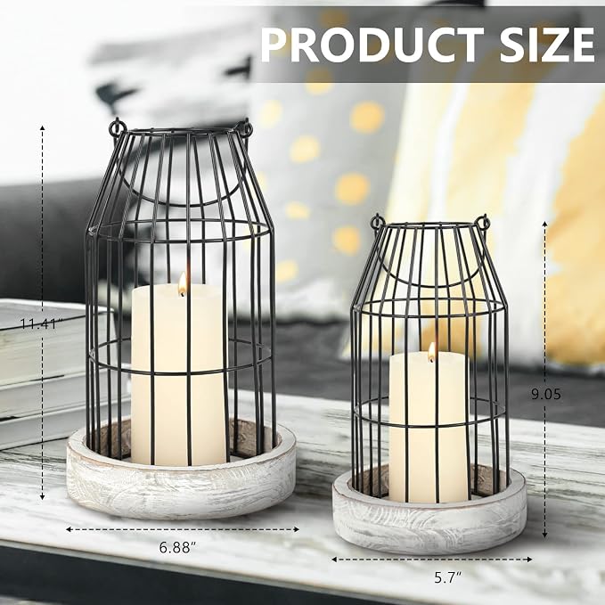 Rustic Wire Metal Cloche Set of 2 Candle Lantern Decorative Indoor Outdoor Vintage Cage Candle Holders Modern Farmhouse Decor for Fireplace Mantle Entryway Living Room Kitchen Dining Table Centerpiece