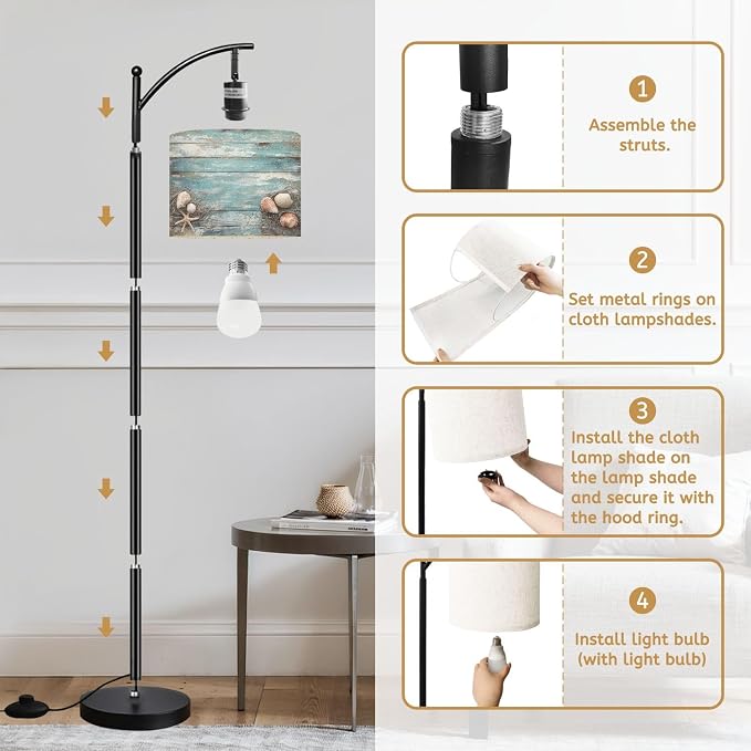 Arc Floor Lamp Starfish Shell Teal Beach Nature Seashells Fishing Net Weathered Wood Dimmable Modern Standing Lamp with Remote Adjustable Drum Shade Footswitch Tall Pole Lamp for Living Room Bedroom