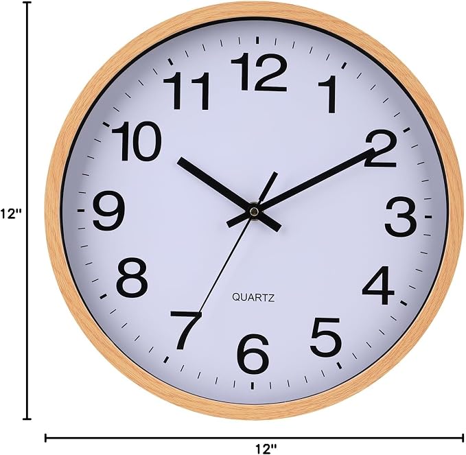 Wall Clock 12 Inch Wooden Frame Glass Cover Non-Ticking Number Quartz Modern Quartz Design Decorative Bedroom Kitchen Office Classroom Light Brown